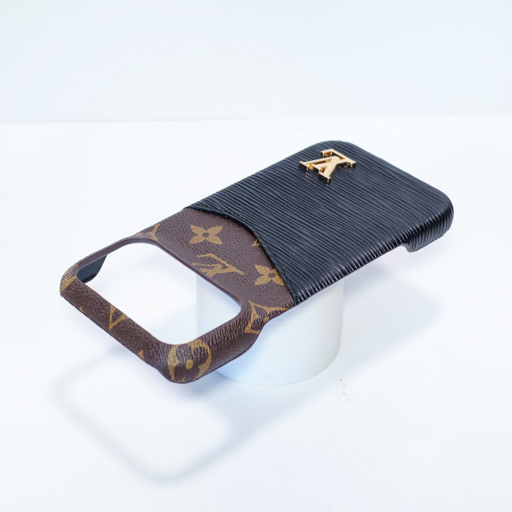 LV accent vegan leather card slot iPhone case showing the rear storage, camera area and protective fit
