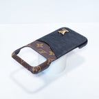 LV accent vegan leather card slot iPhone case showing the rear storage, camera area and protective fit
