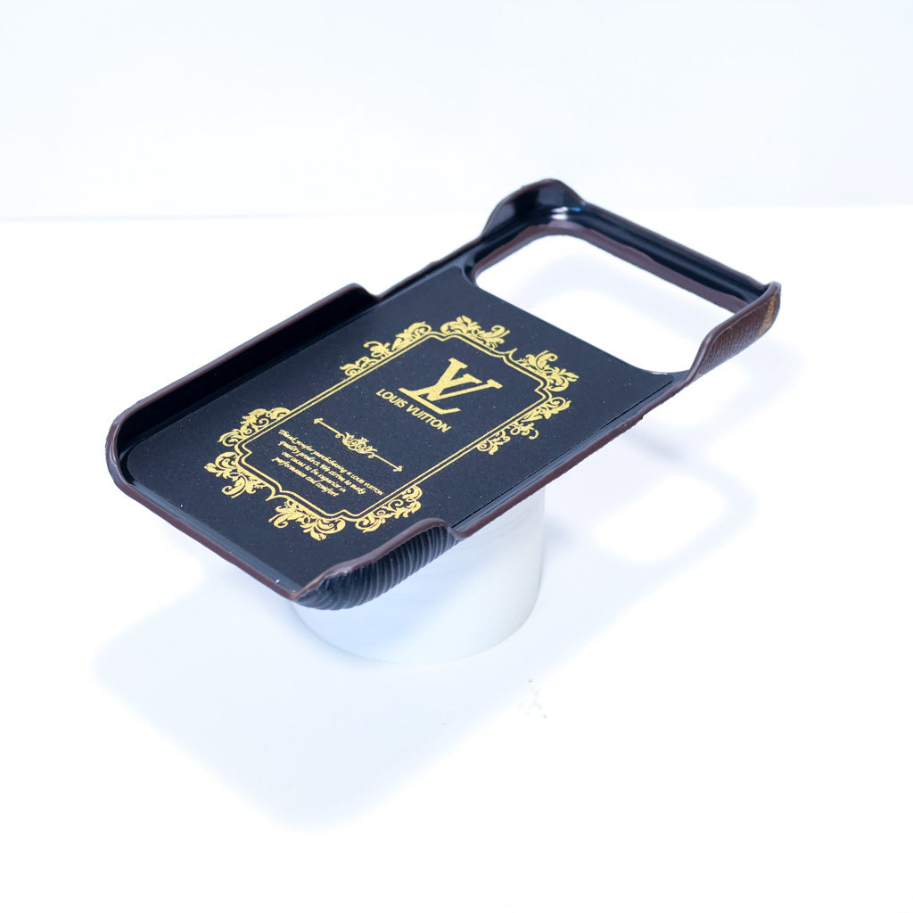 LV accent vegan leather card slot iPhone case showing the contrasting leather back and slim edges