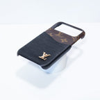 LV accent vegan leather card slot iPhone case close-up showing the fitted protective corners and card slot