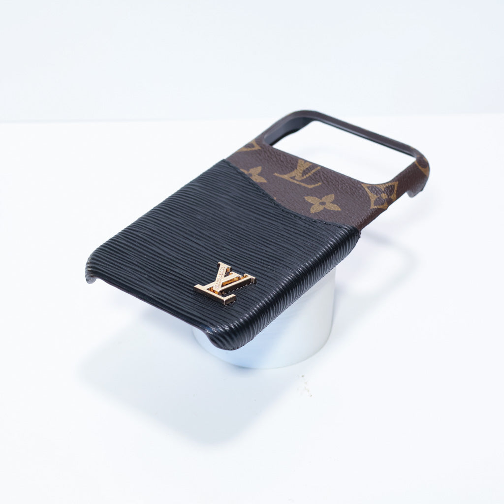 LV accent vegan leather card slot iPhone case close-up showing the fitted protective corners and card slot