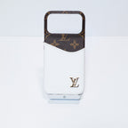 LV accent vegan leather card slot iPhone case showing the wallet-style back and contrasting accents