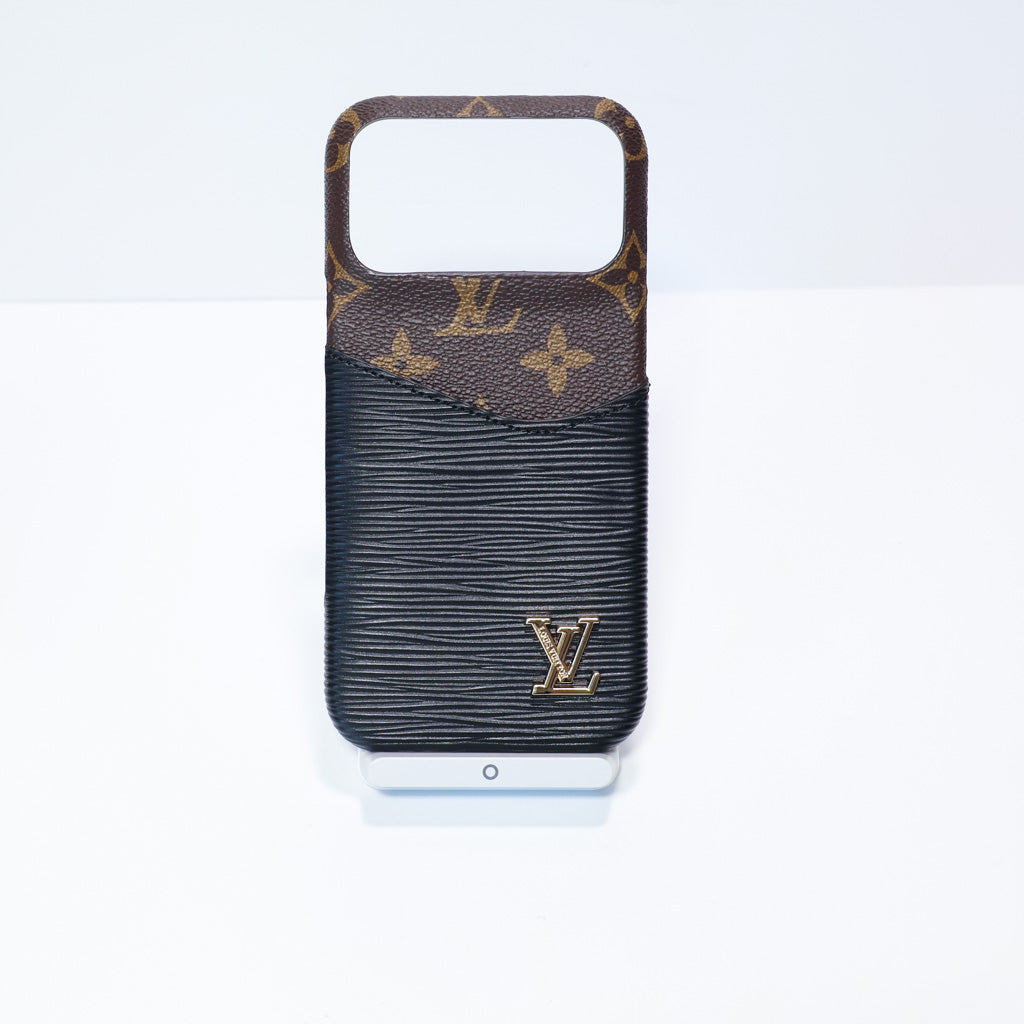 LV accent vegan leather card slot iPhone case close-up showing the card holder and finished material