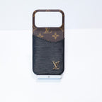 LV accent vegan leather card slot iPhone case close-up showing the card holder and finished material