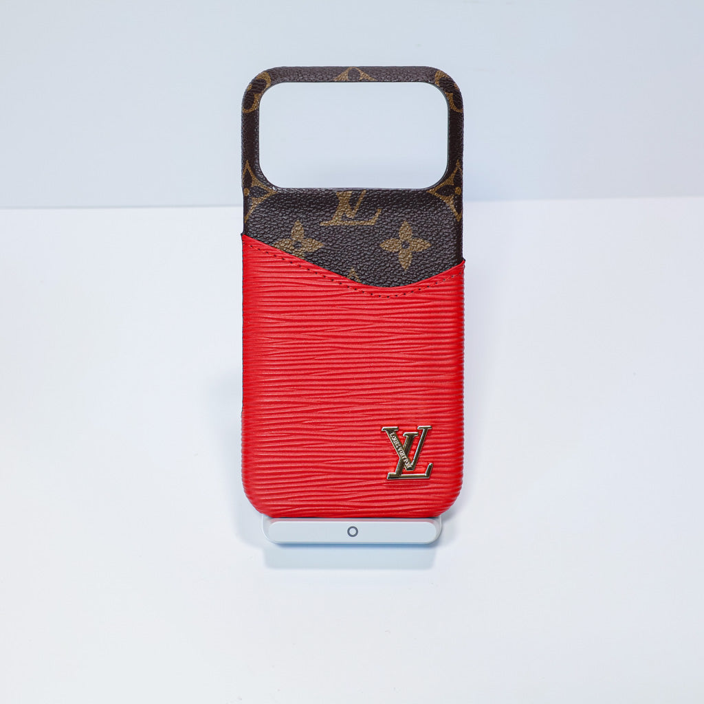 LV accent vegan leather card slot iPhone case showing the protective rear cover and fitted camera opening
