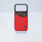 LV accent vegan leather card slot iPhone case showing the protective rear cover and fitted camera opening