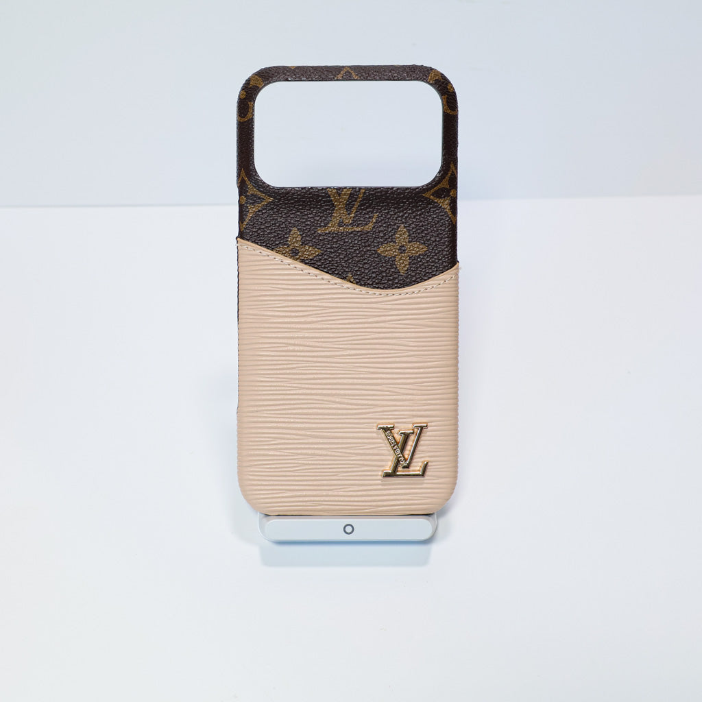 LV accent vegan leather card slot iPhone case close-up showing texture, card storage and protective edges