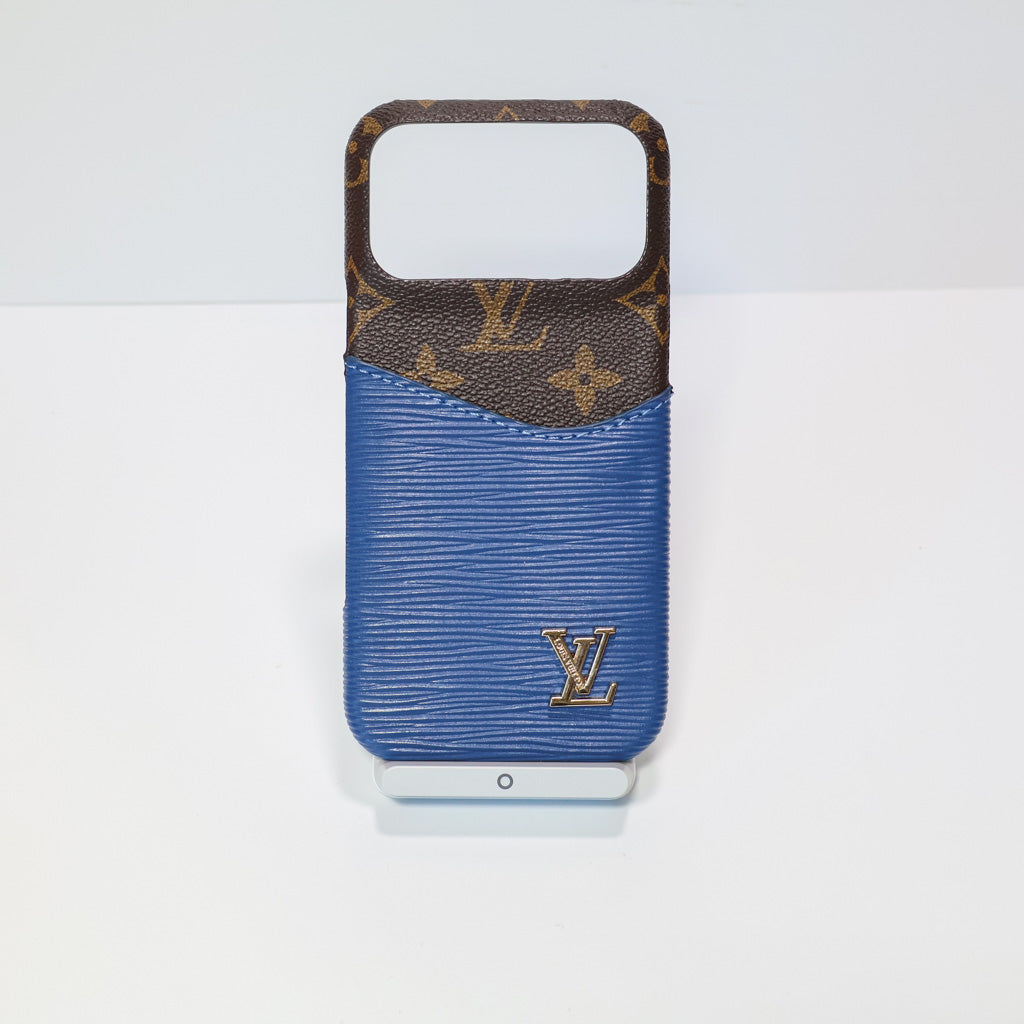 LV accent vegan leather card slot iPhone case showing the complete leather card holder design