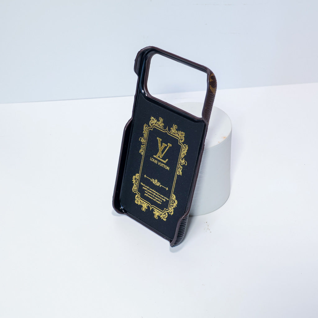 LV accent vegan leather card slot iPhone case showing the integrated card holder and patterned rear cover