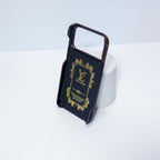 LV accent vegan leather card slot iPhone case showing the integrated card holder and patterned rear cover