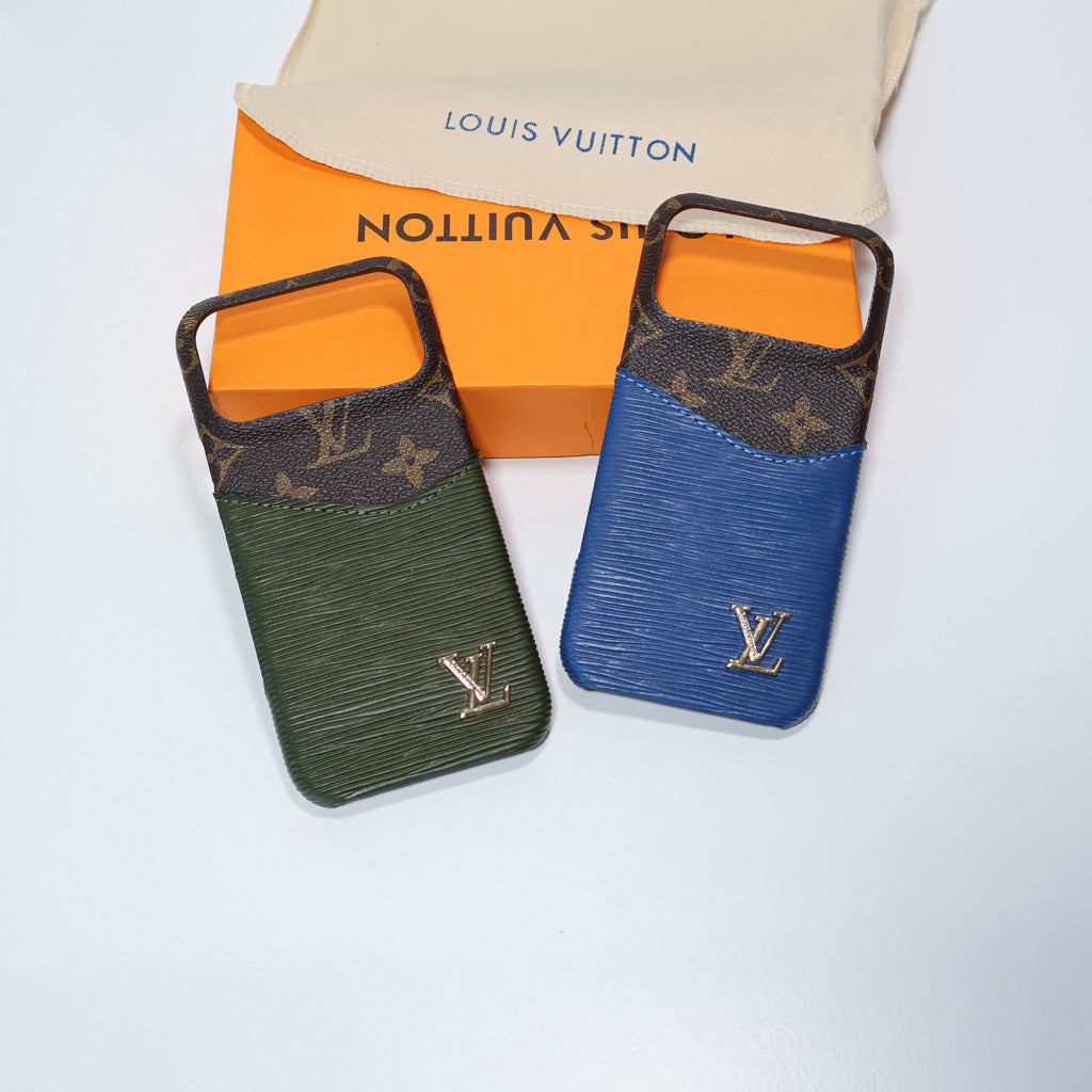 LV accent vegan leather card slot iPhone case close-up showing the card holder and material texture