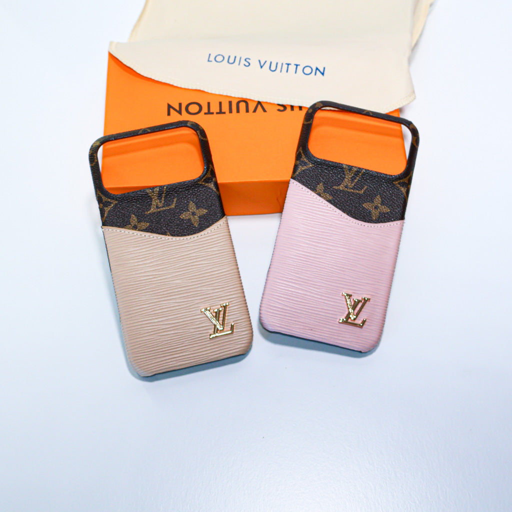 LV accent vegan leather card slot iPhone case showing the rear card holder and contrasting leather detail