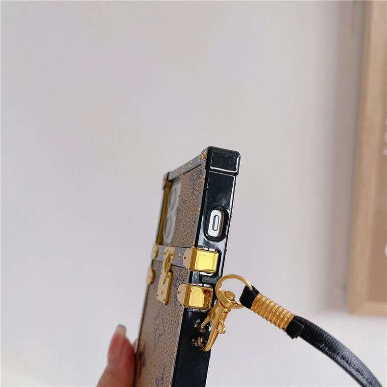 LV trunk iPhone case showing the patterned rear design, camera opening and protective fit