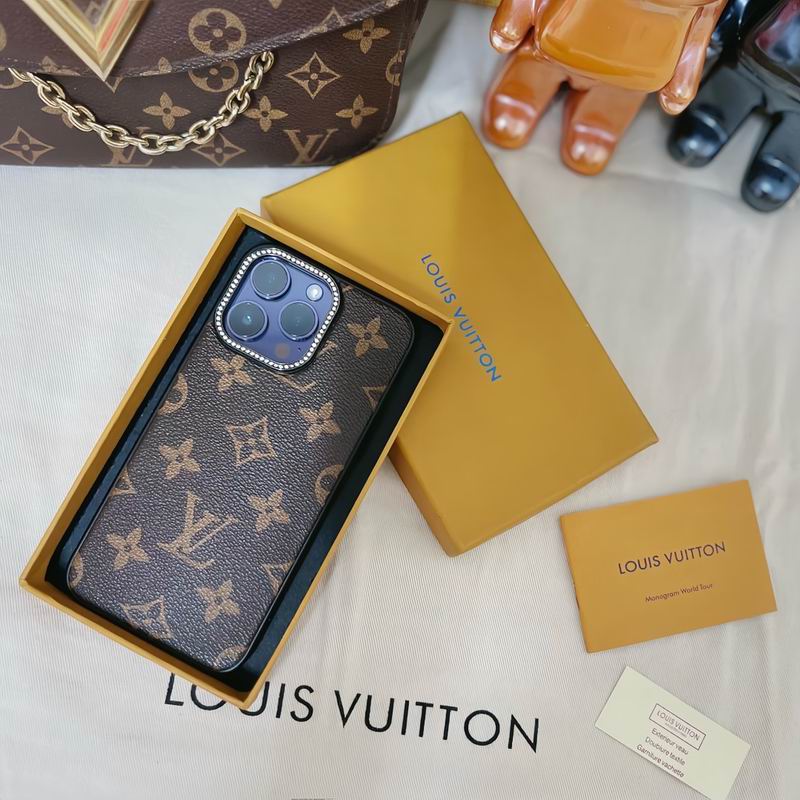 Classic LV iPhone case showing the patterned leather back and protective camera opening