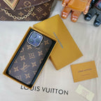 Classic LV iPhone case showing the patterned leather back and protective camera opening
