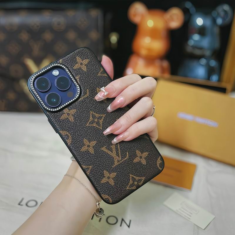 Close-up of the classic LV iPhone case showing material texture and fitted edges