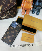 Detailed view of the classic LV iPhone case highlighting the patterned leather finish