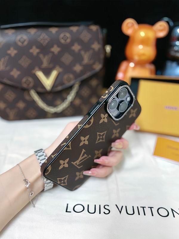 Classic LV iPhone case shown from the back with protective corners and fitted camera area