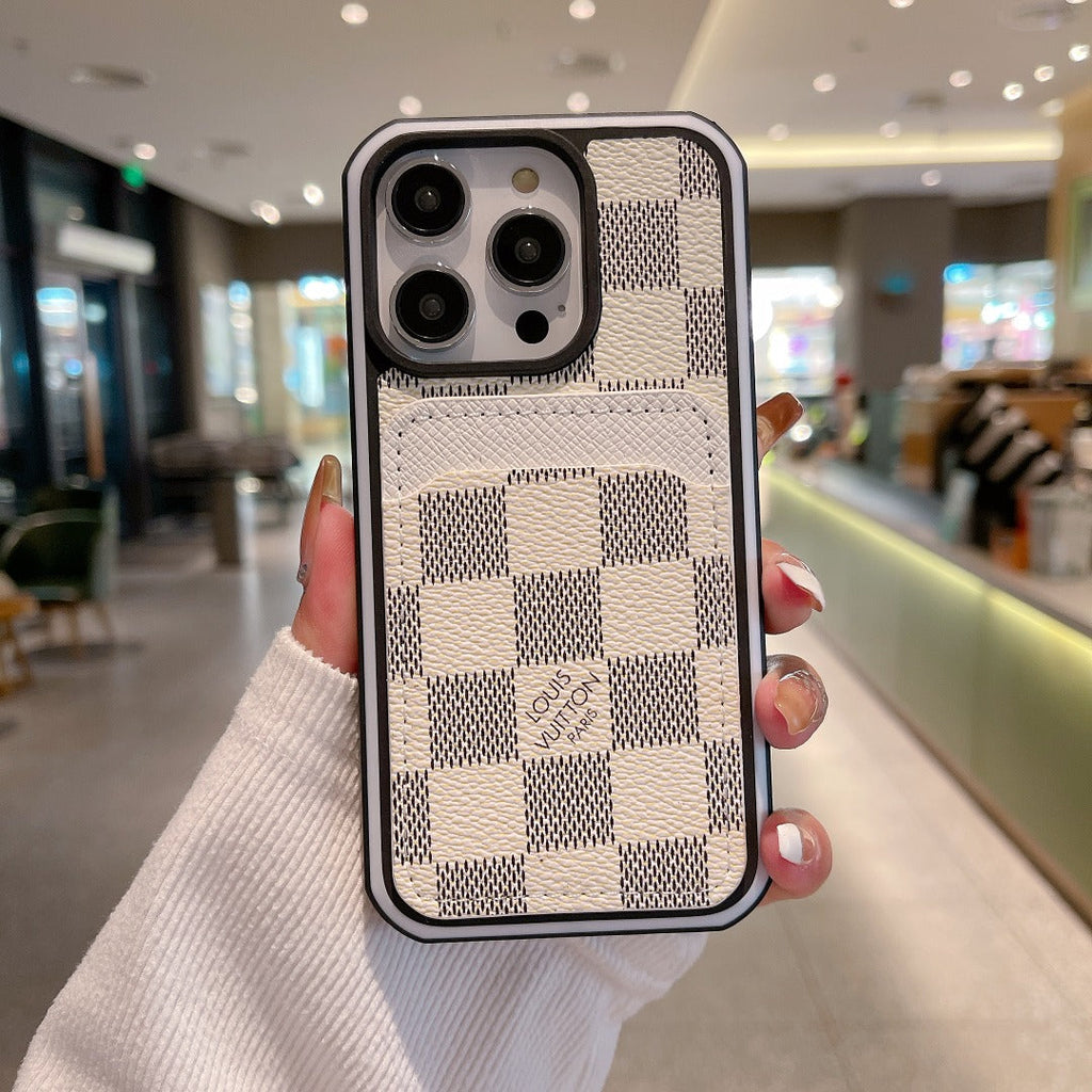 LV patterned leather iPhone case showing the slim protective cover and edge detail