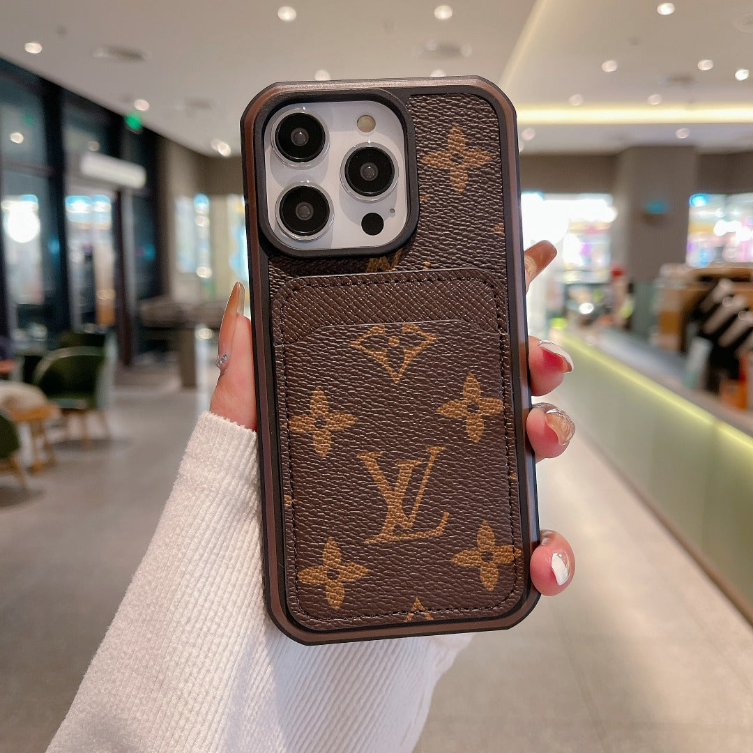 LV leather iPhone case shown from the back with patterned surface and protective corners