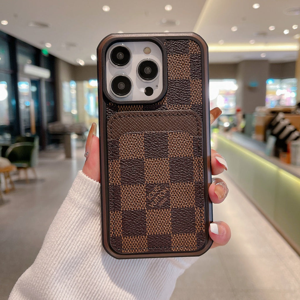 Luxury monogram iPhone case showing the leather finish and protective camera cutout