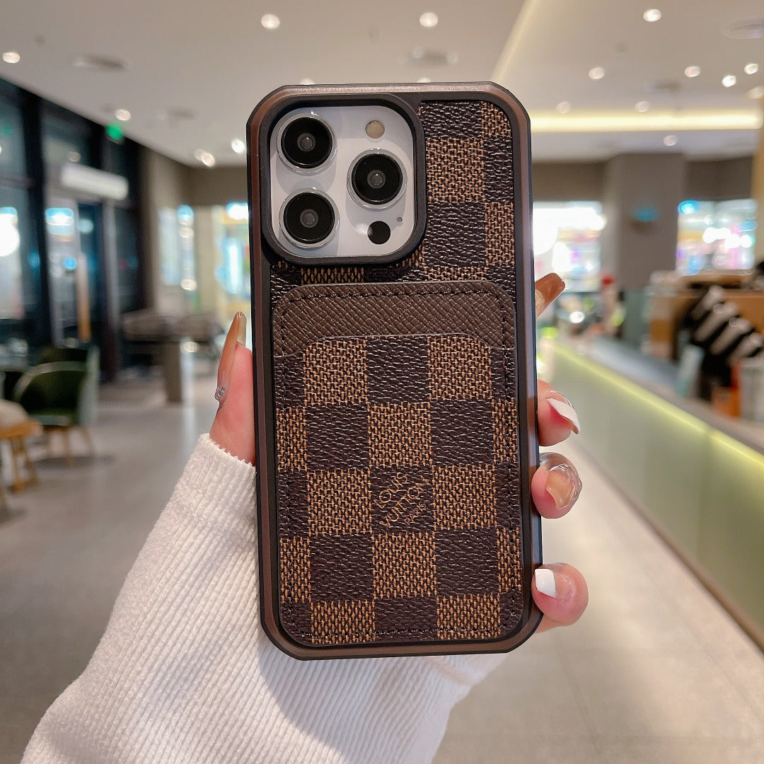 Luxury monogram iPhone case showing the leather finish and protective camera cutout