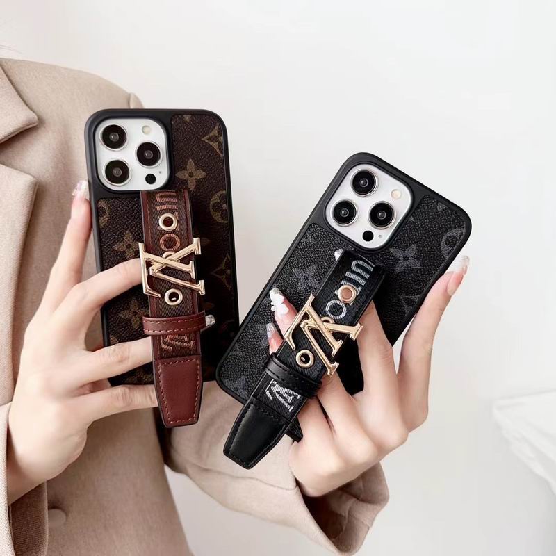 LV iPhone case with adjustable hand strap shown in two patterned style options