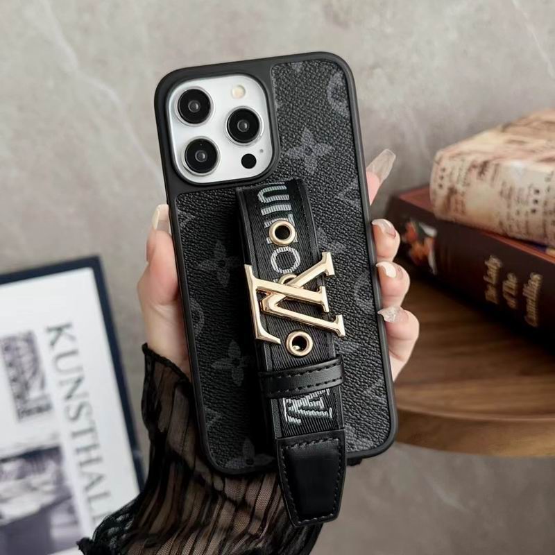 Black monogram LV iPhone case with adjustable hand strap and kickstand design