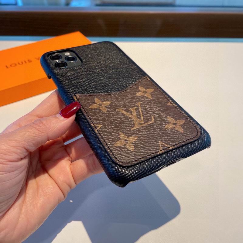 LV monogram card slot iPhone case showing clear charging port access and lower edge protection