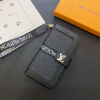 Black LV iPhone wallet case showing the dark leather folio design and card storage