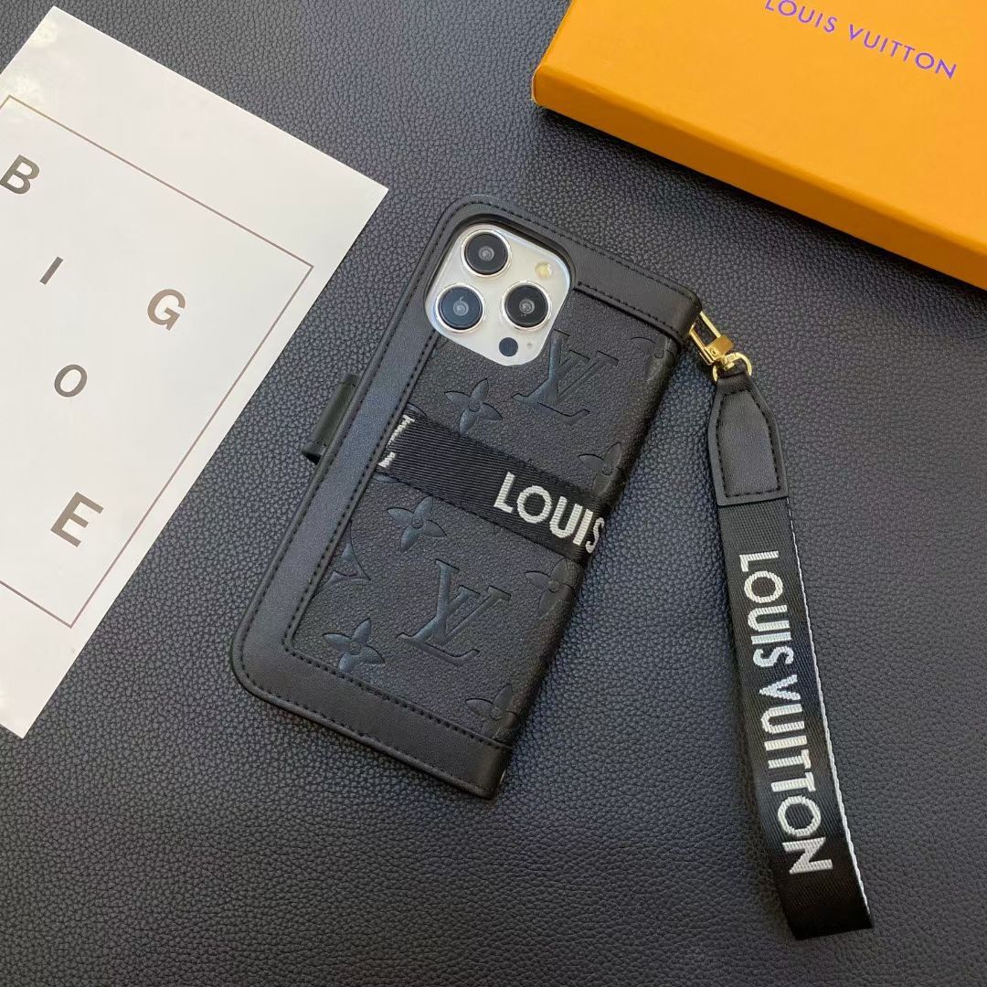 Black LV iPhone wallet case shown from the back with camera opening and protective fit