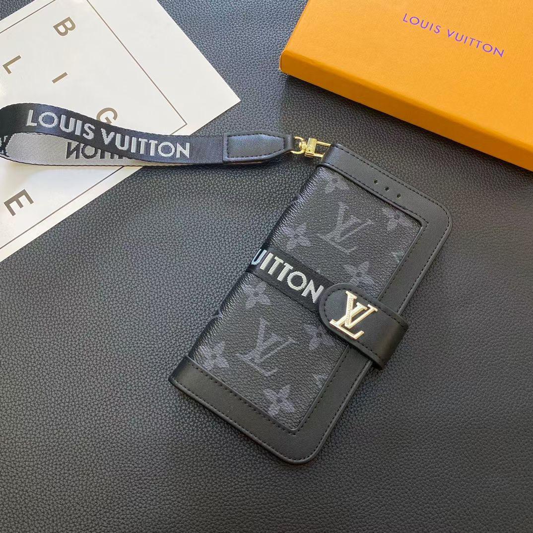 Black monogram LV iPhone wallet case showing the patterned folding cover