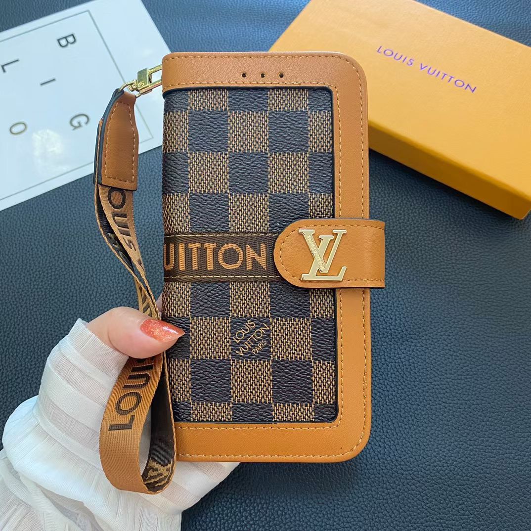 Brown checkered LV iPhone wallet case showing the folding patterned cover