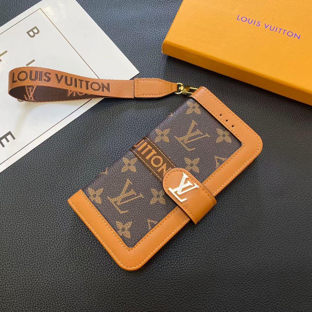 Brown monogram LV iPhone wallet case showing the classic patterned exterior