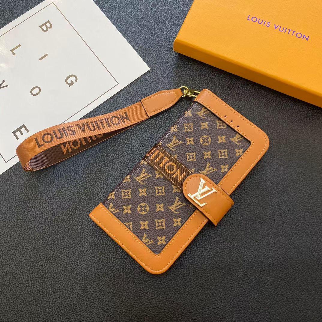 Brown small monogram LV iPhone wallet case showing the patterned folio exterior