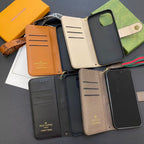 LV iPhone wallet case shown open to display the interior card slots and folding cover