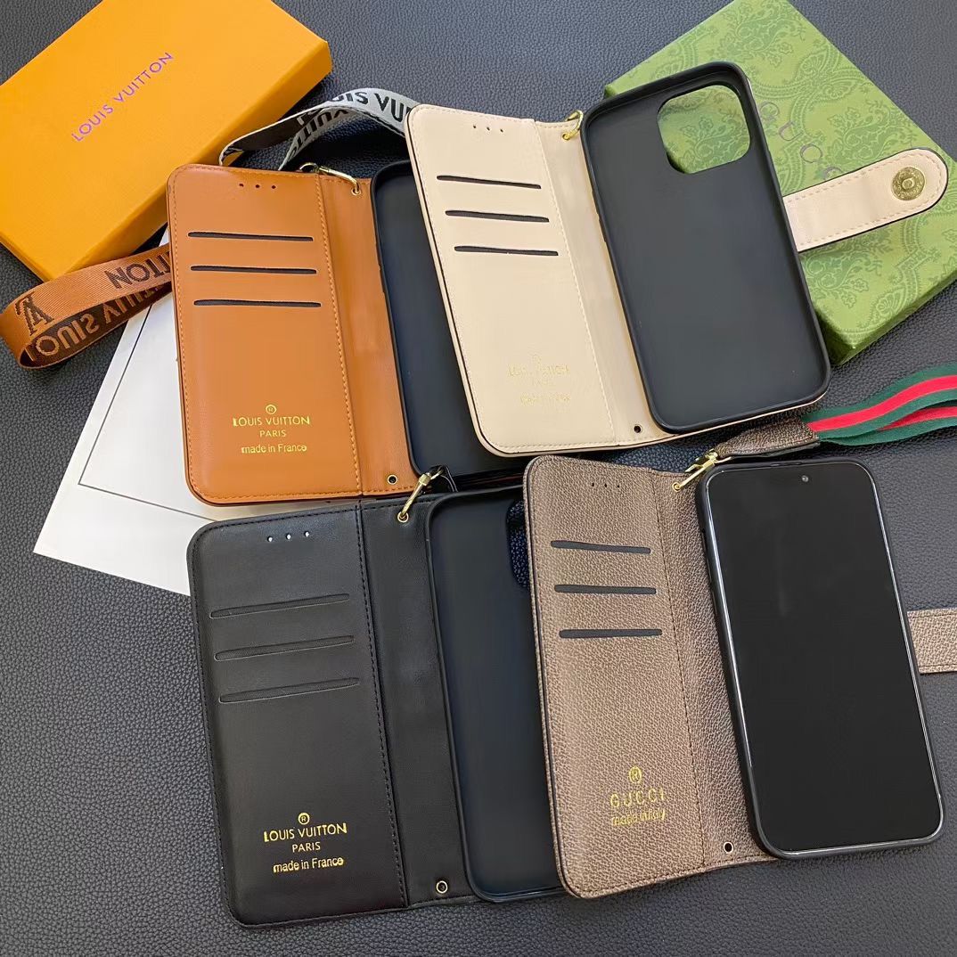 LV iPhone wallet case shown open to display the interior card slots and folding cover