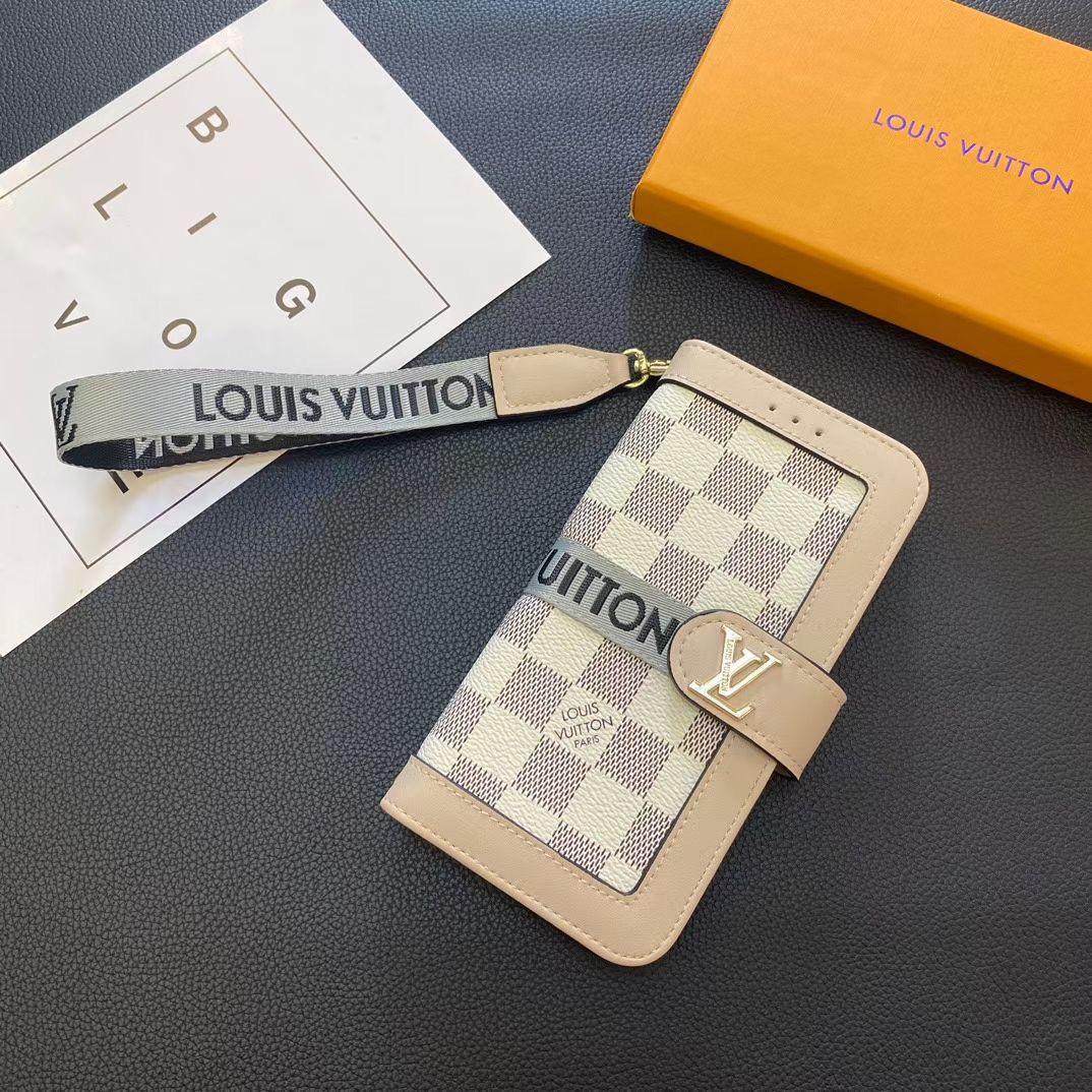 White checkered LV iPhone wallet case showing the light patterned folio design