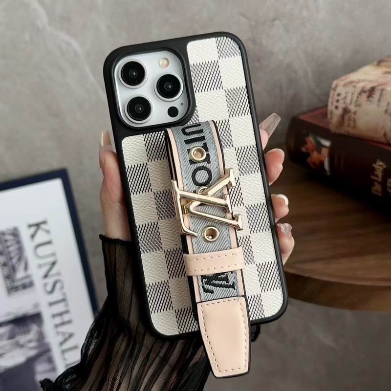 White checkered LV iPhone case with adjustable hand strap and protective back