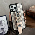 White checkered LV iPhone case with adjustable hand strap and protective back