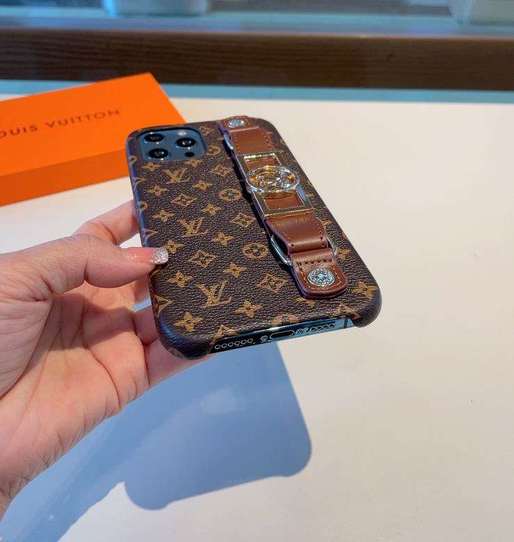 Close-up of the brown monogram designer iPhone case showing pattern and camera area
