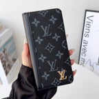 Louis V folio wallet iPhone case showing the folding wallet profile and fitted camera opening