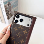 Louis V folio wallet iPhone case shown open with the protective phone shell