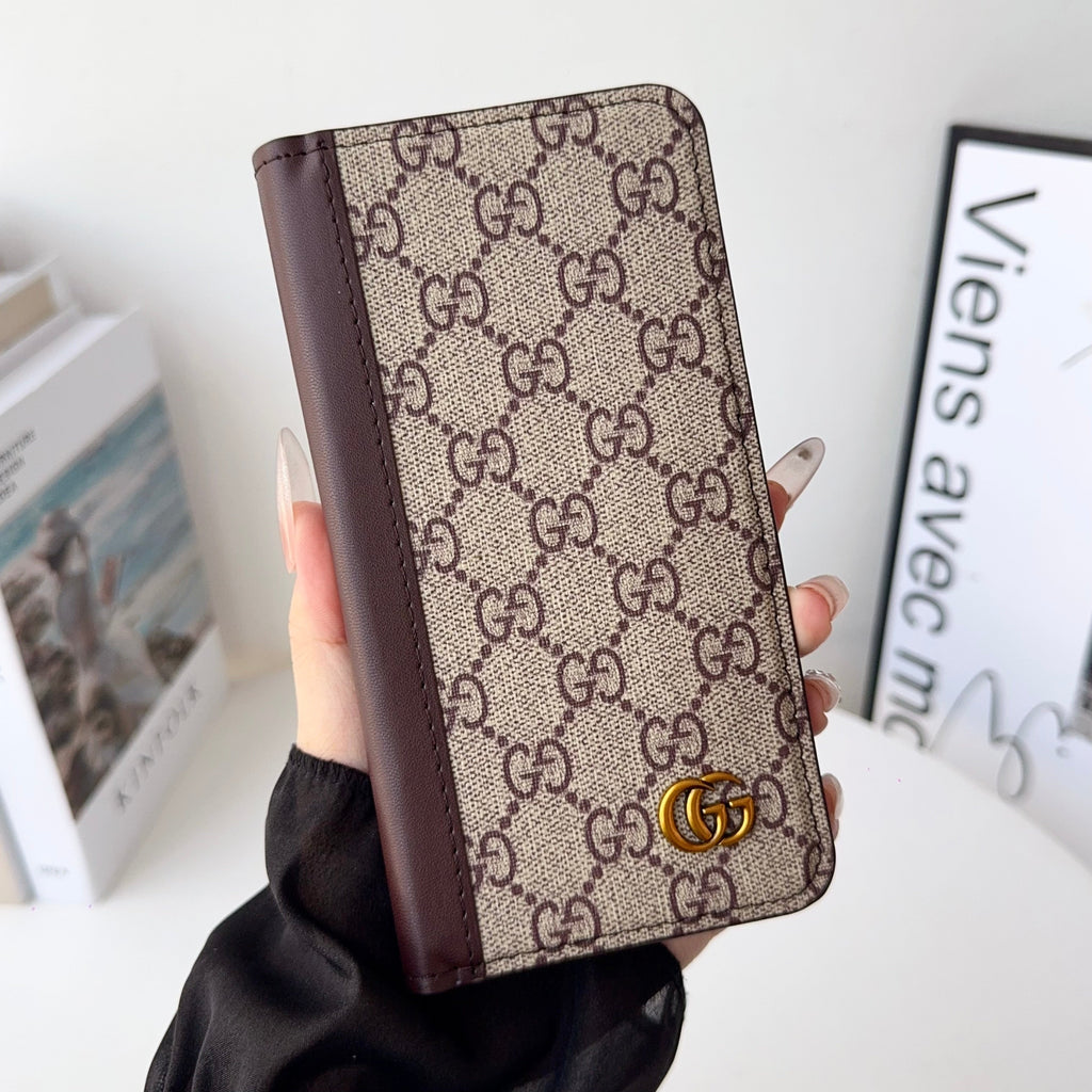 Louis V folio wallet iPhone case showing card storage, the rear cover and camera area