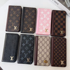 Louis V folio wallet iPhone case showing the folding cover and interior card storage