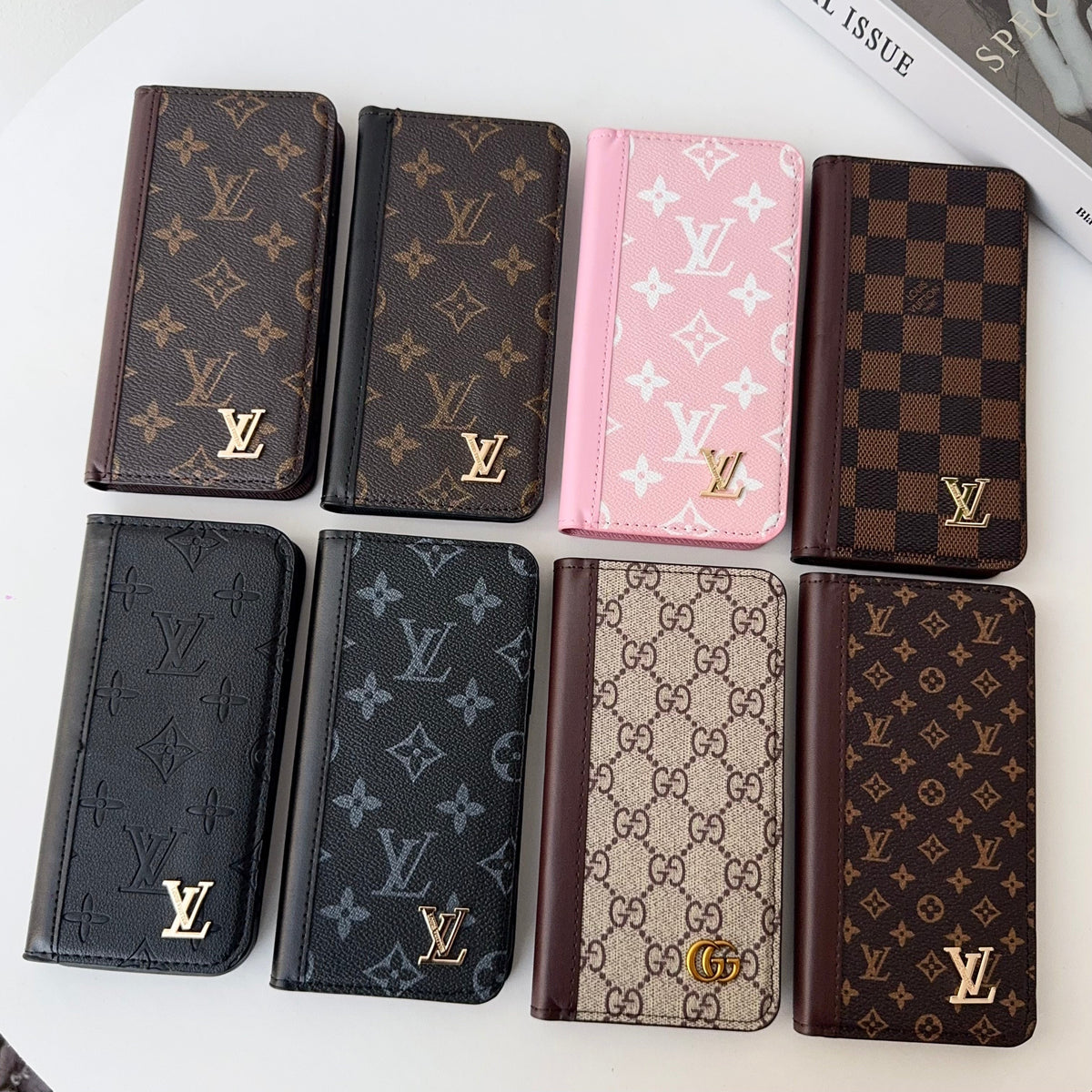 Louis V folio wallet iPhone case showing the folding cover and interior card storage