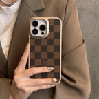 Brown checkered classic leather iPhone case showing the textured patterned back