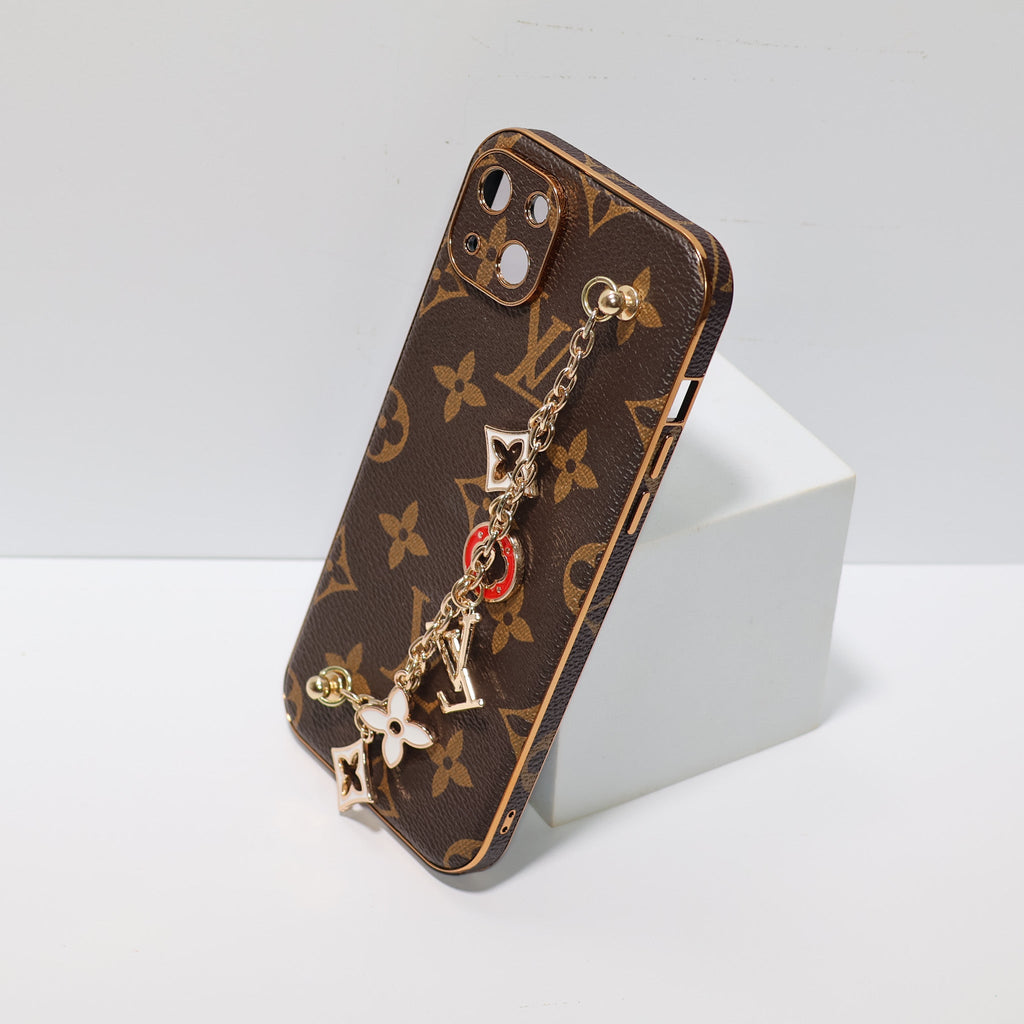 Luxury hand strap iPhone case showing the rear card holder and protective cover