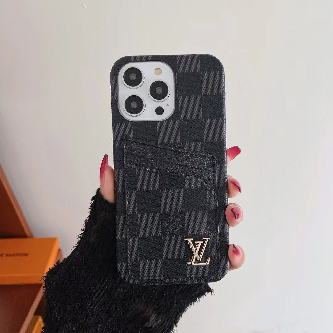 Black checkered LV iPhone card slot case showing the dark patterned wallet back