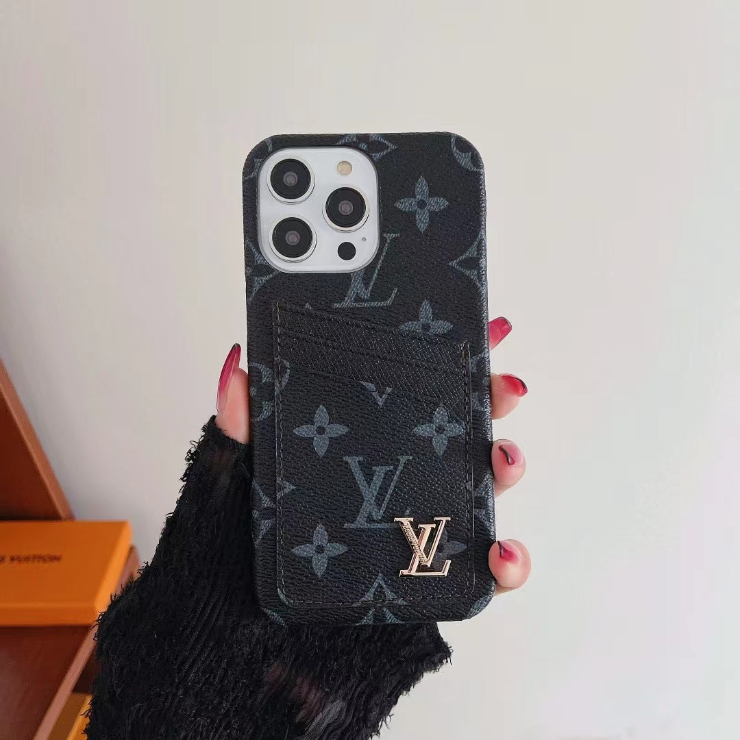 Black monogram LV iPhone card slot case showing the patterned leather finish